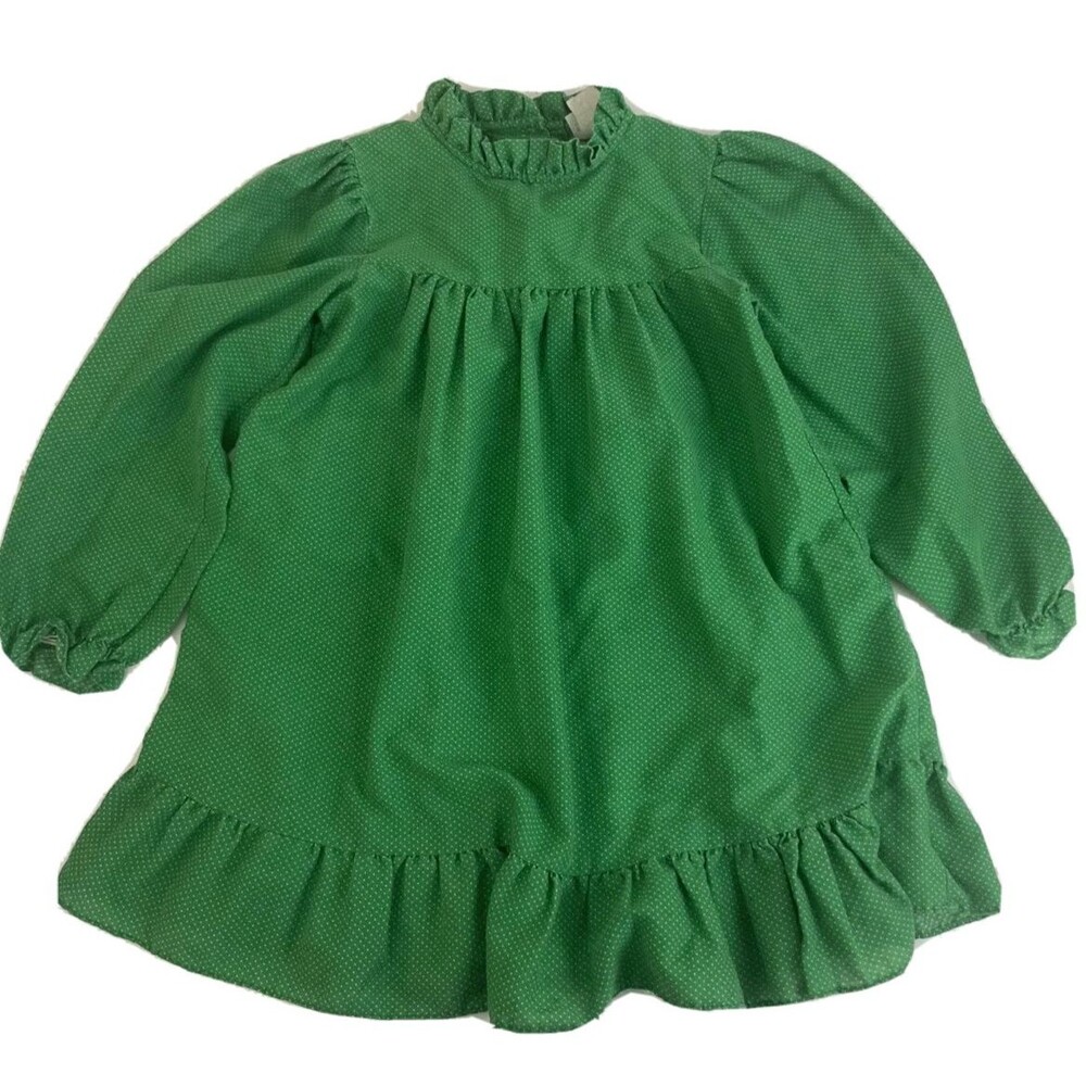 Vintage Disney Winnie the Pooh Girls Size 6 Green Polka Dot Smock Dress USA